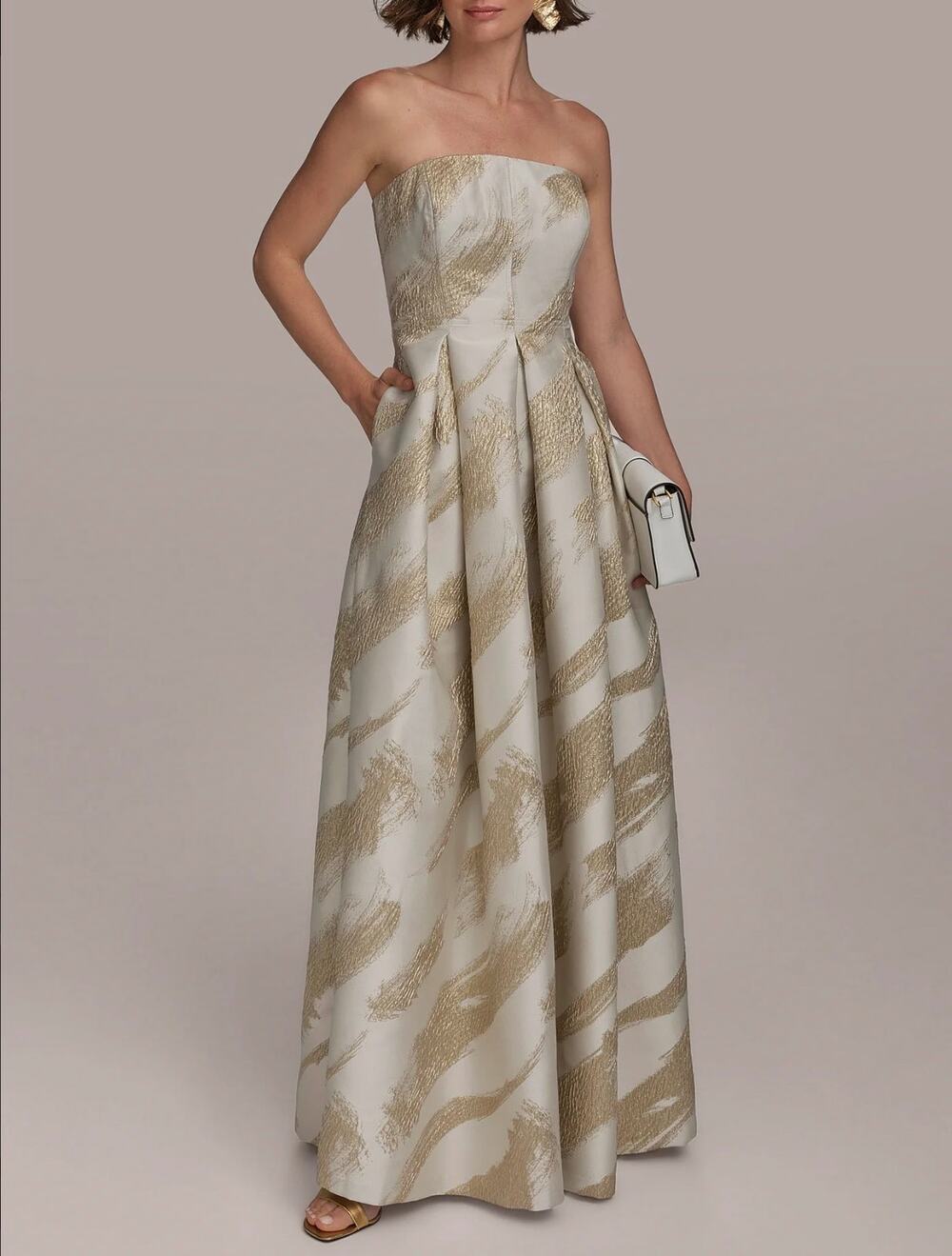 NWT Donna Karan Cream & Gold Strapless Metallic Jacquard Pleated Ball Gown Sz 4